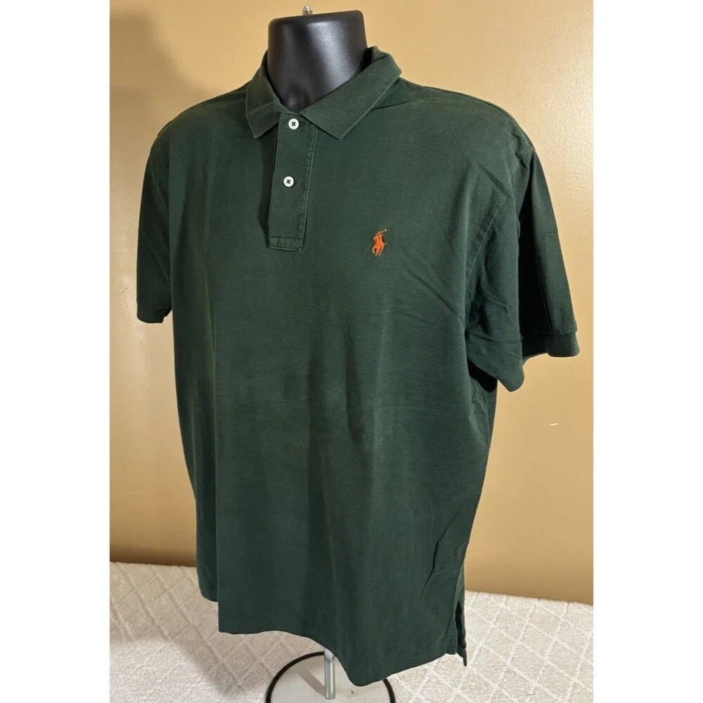 Ralph Lauren Green Orange Logo Polo Shirt 100% Cotton Mens Size M
